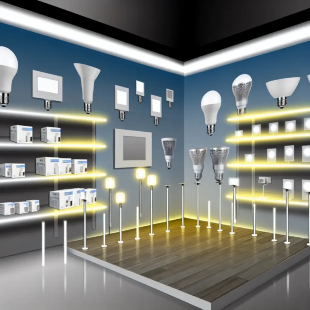 LED világítási termékek bemutatófala különböző fényforrásokkal