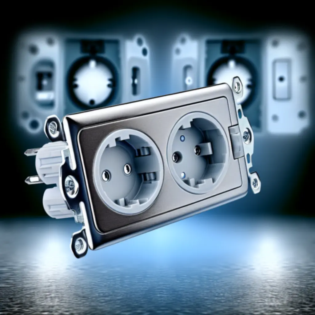 Közelről fotózott kapcsoló és dugalj részlet, grafitszürke fali háttérrel